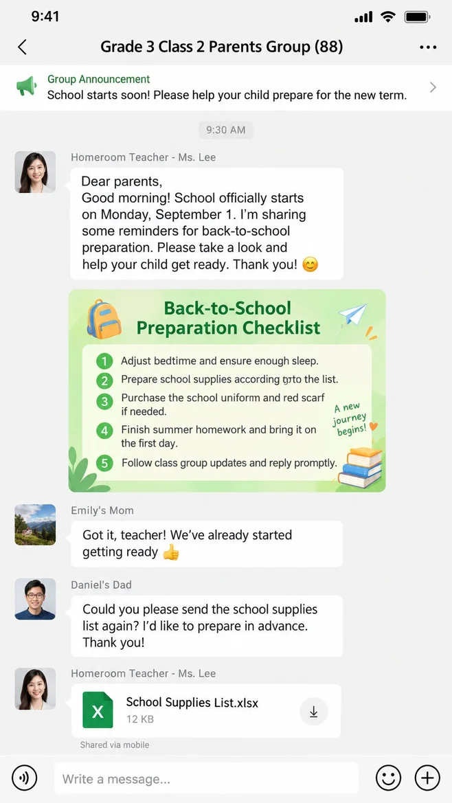 Screenshot of a back-to-school parents' group chat